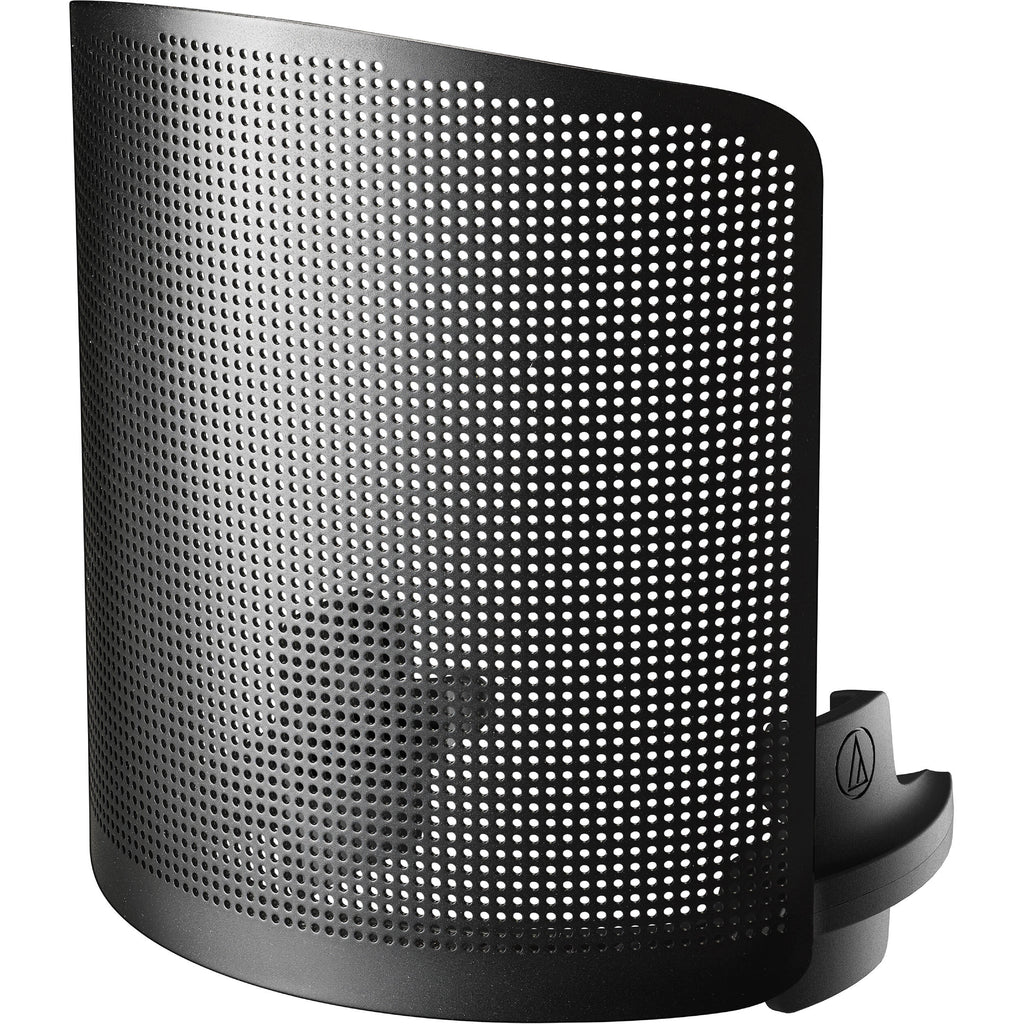 Audio Technica microphone pop filter (AT8175) attached to a microphone, designed to reduce plosive sounds during vocal recording.