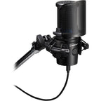 Audio Technica AT8175 microphone pop filter attached to microphone, reducing noise and plosive sounds during recording.