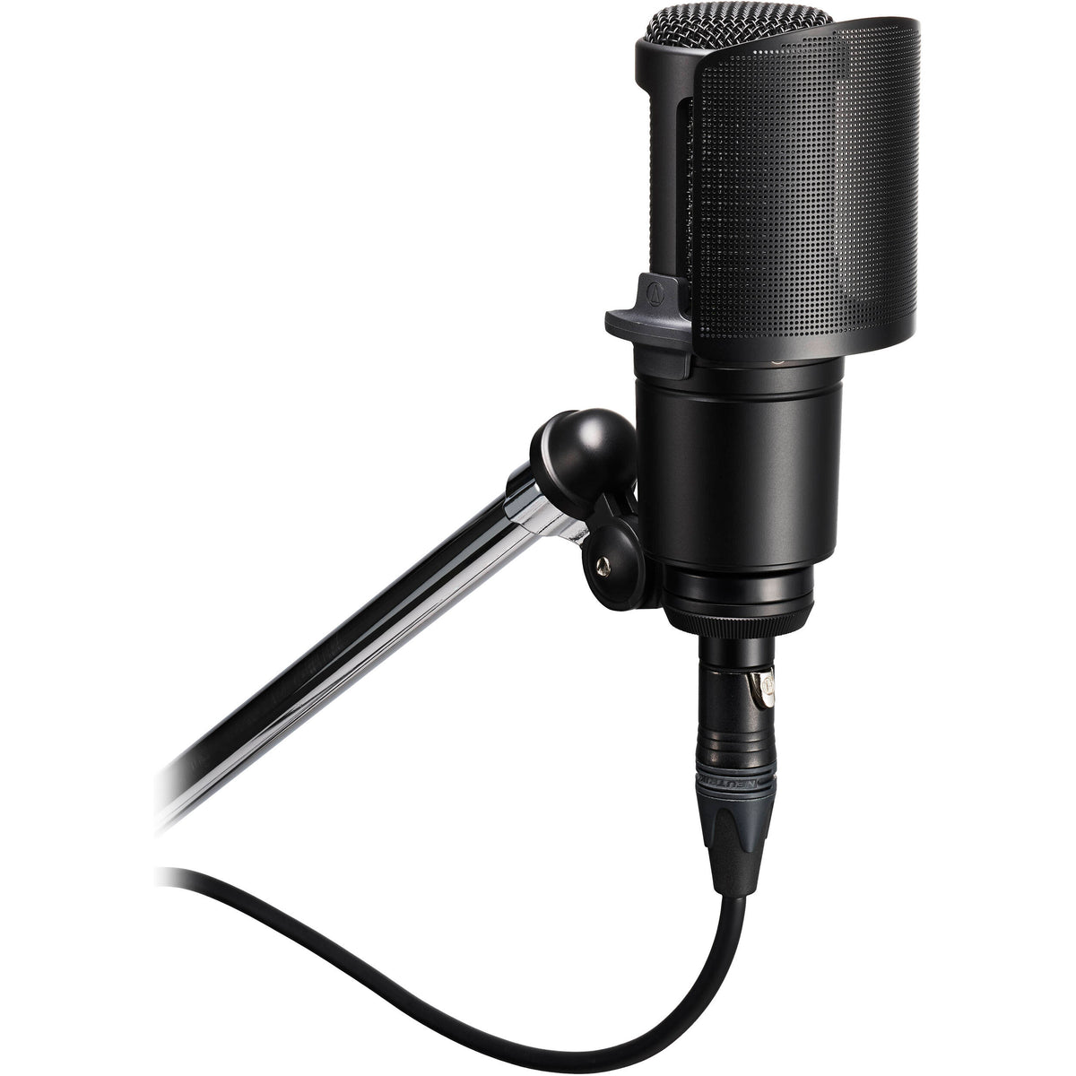 Audio Technica AT8175 microphone pop filter attached to a microphone for reducing plosive sounds during recording session.