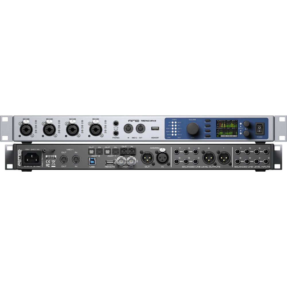 RME Fireface UFX III audio interface with multiple input and output ports on a professional studio setup