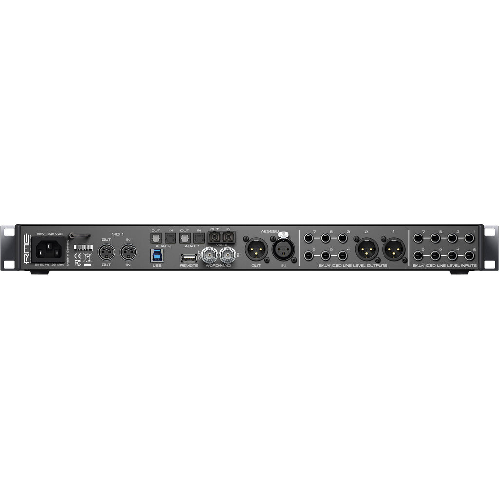 RME Fireface UFX III audio interface showing front panel with multiple input/output connectors and control knobs