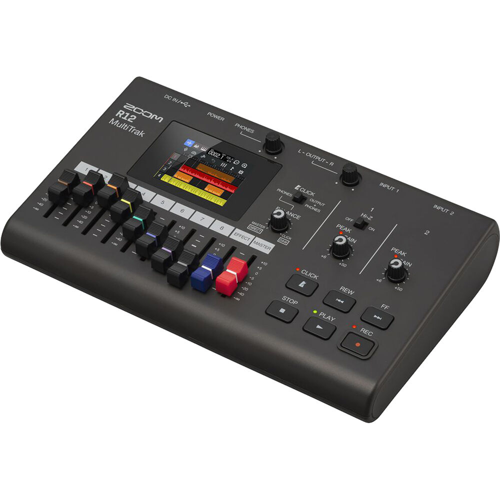 Zoom R12 digital recorder with multiple input ports and a large display screen, ideal for professional audio recording.