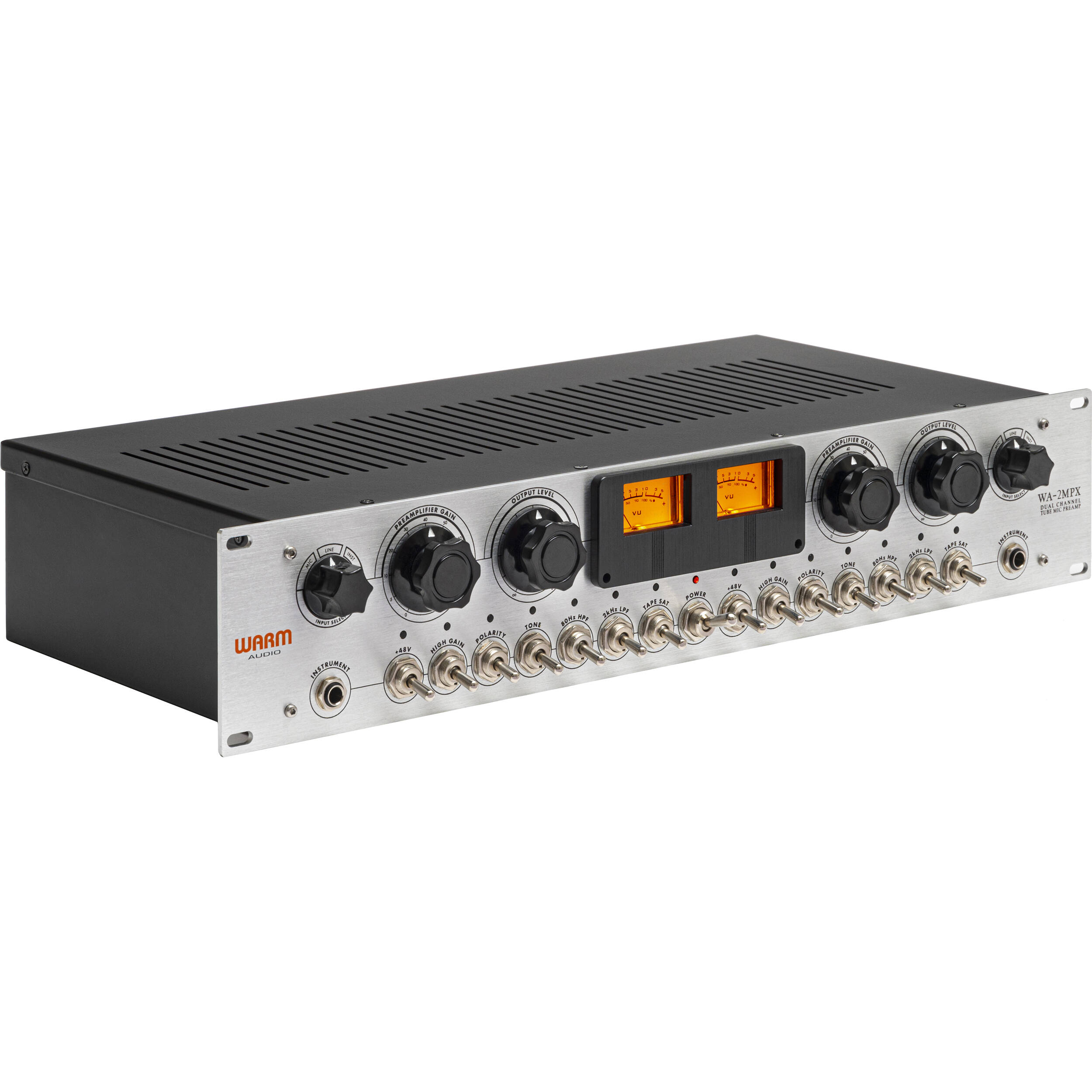 Warm Audio WA-2MPX microphone preamp with control knobs and input/output ports on a black metal chassis.