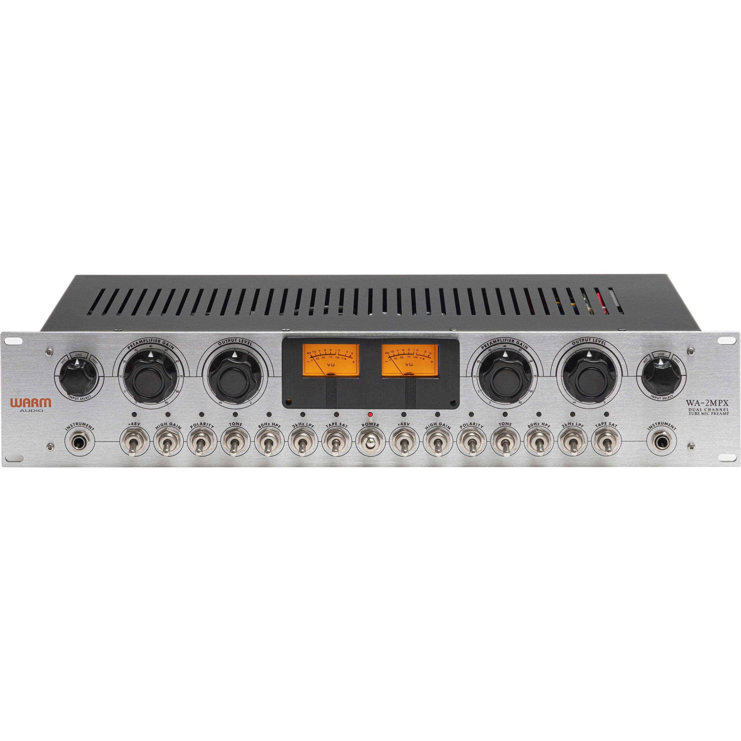 Warm Audio WA-2MPX microphone preamp with control knobs and input/output connections, used for professional audio recording.