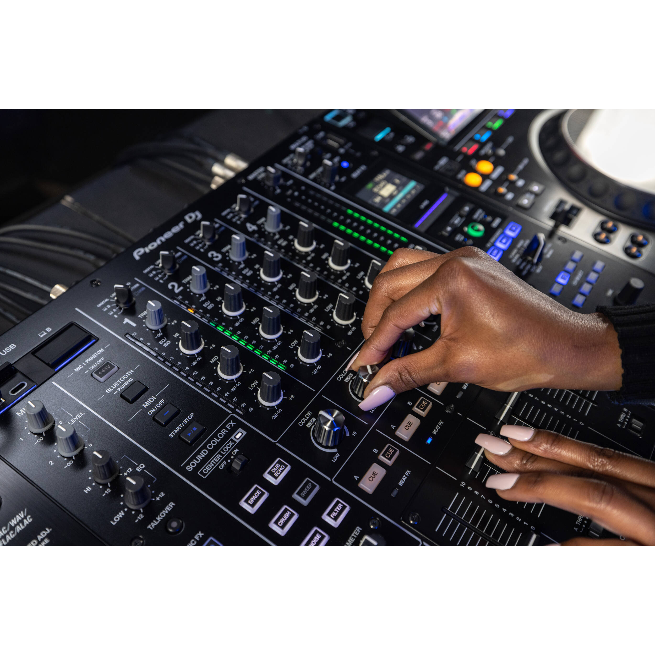 Pioneer DJ DJM-A9 professional DJ mixer with multiple channels, knobs, and faders for high-quality audio mixing.