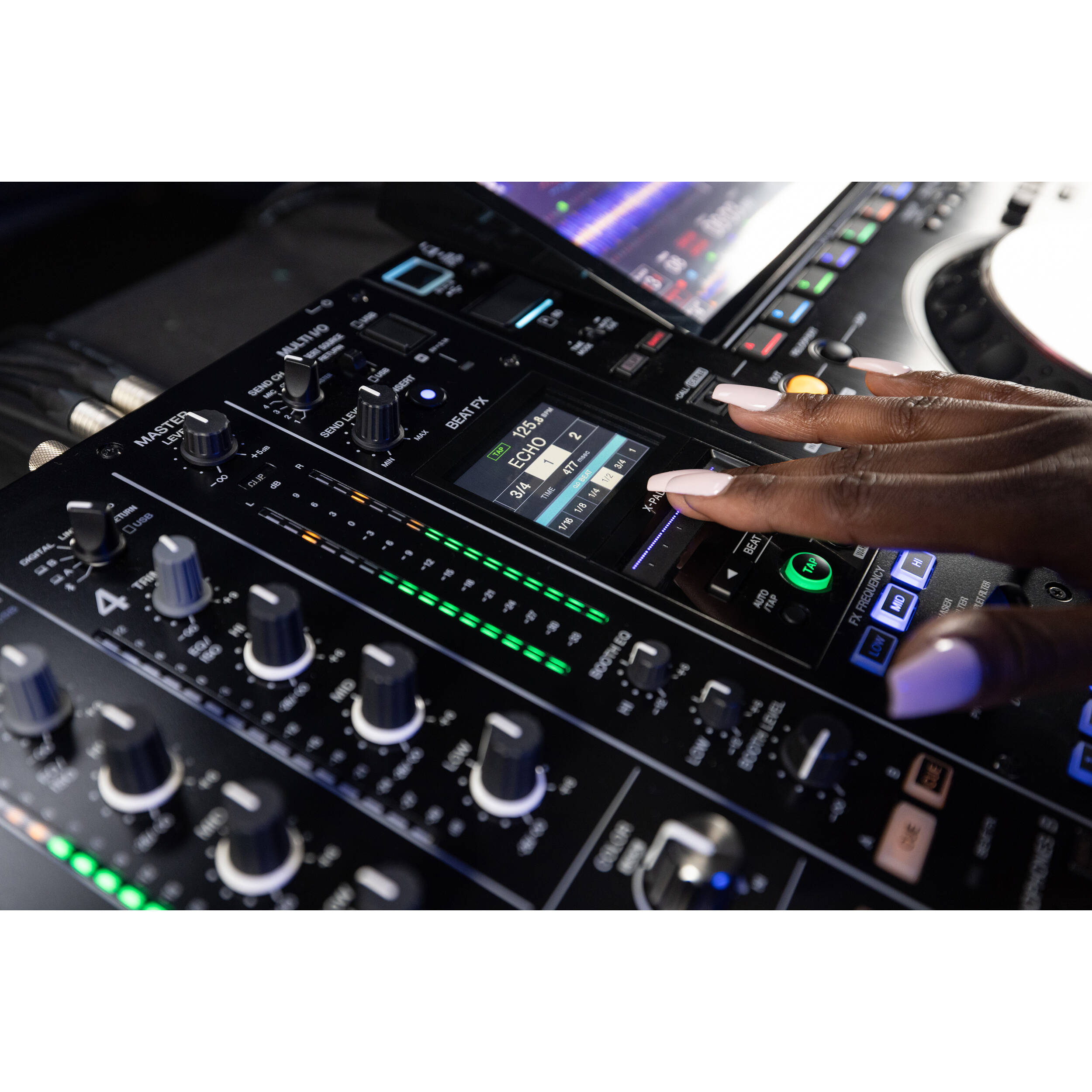 Pioneer DJM-A9 DJ mixer with multiple knobs, faders, and digital controls for professional DJ mixing setup.