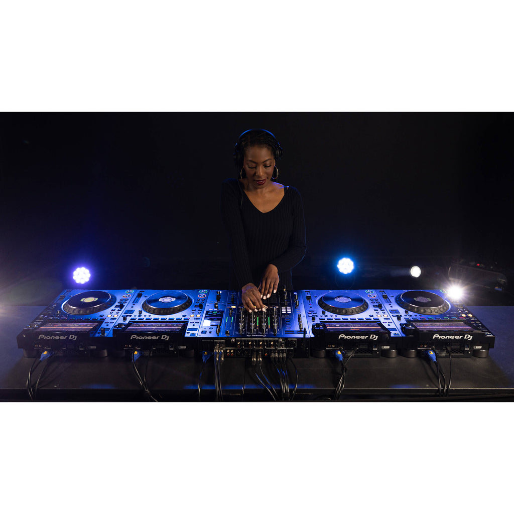Pioneer DJM-A9 DJ mixer with multiple knobs, sliders, and digital display, designed for professional DJ performances.