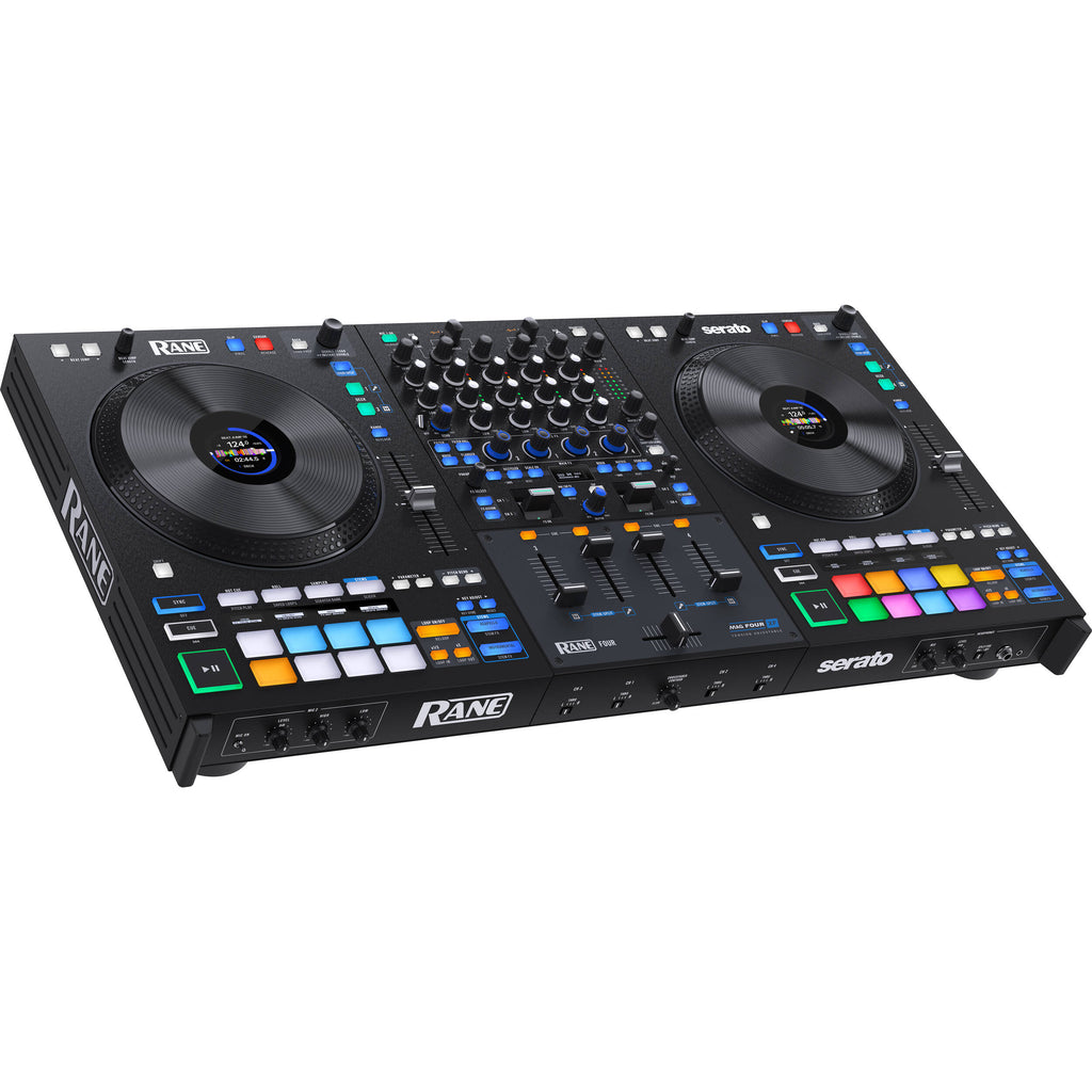 Rane Four DJ controller with dual jog wheels, mixer controls, and professional audio interface for DJing and mixing.