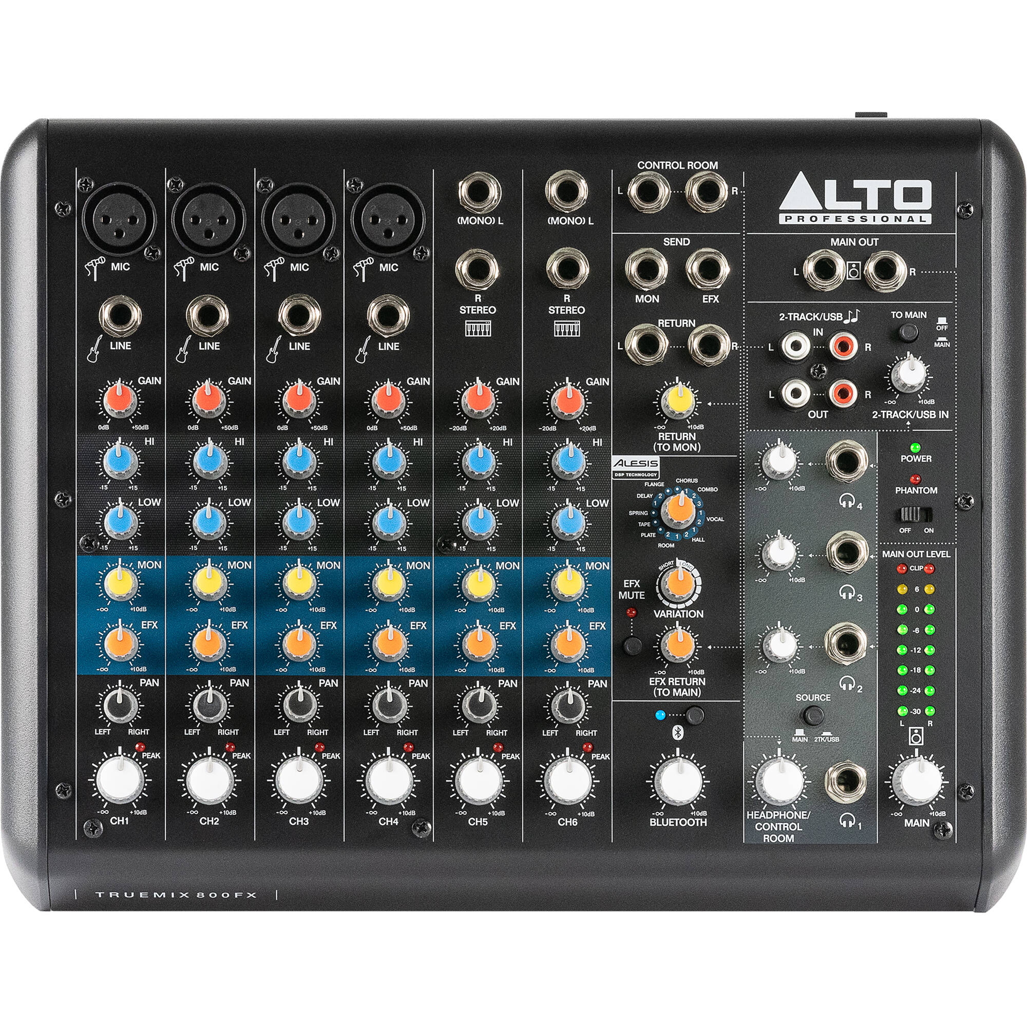 Alto Professional TrueMix 800FX analog mixer with multiple input channels and control knobs for audio mixing.