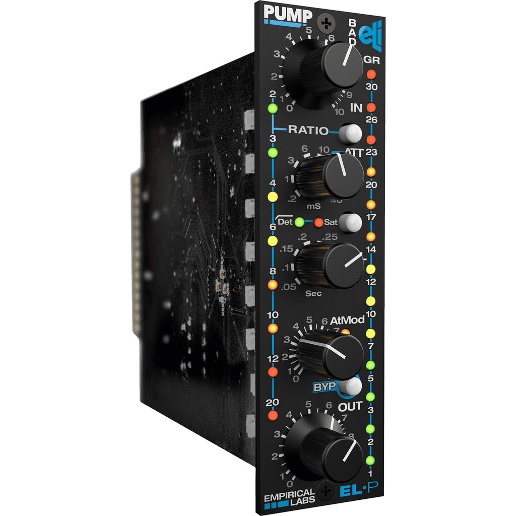 Empirical Labs Pump vertical effects and accessories unit with knobs and controls for audio processing.