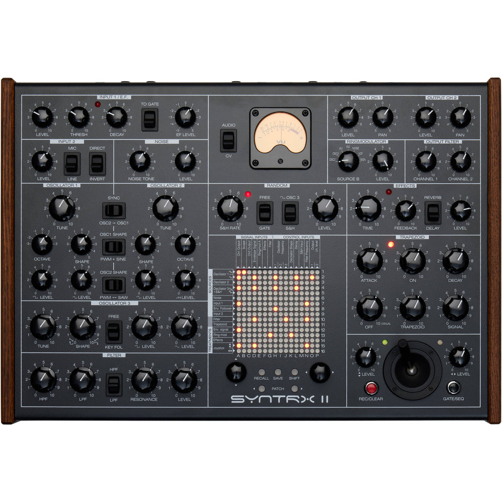 Erica Synths SYNTRX II desktop synthesizer with colorful knobs and controls, compact design, and patch points for sound creation.