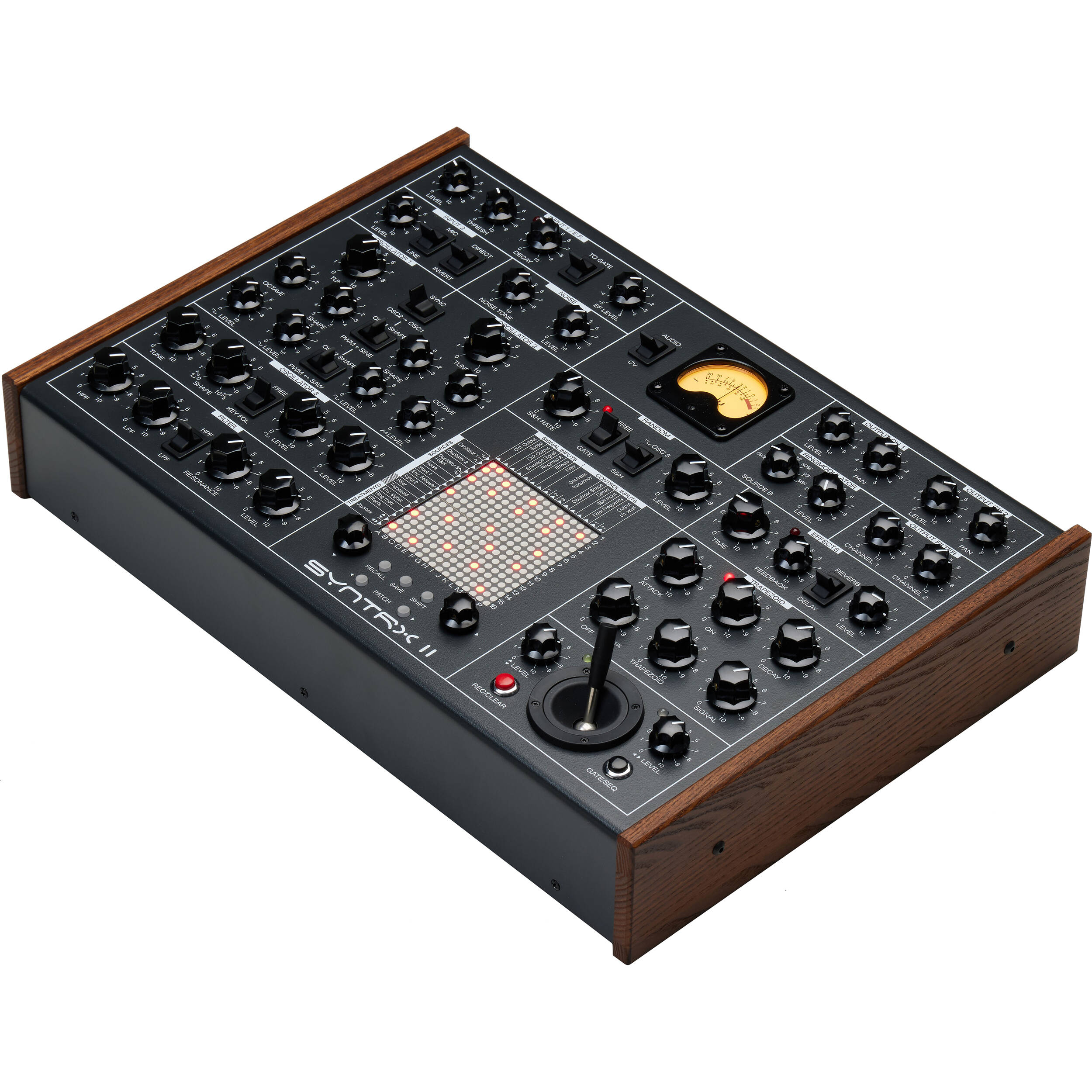 Erica Synths SYNTRX II desktop synthesizer with knobs and buttons, showcasing its compact electronic music production interface.