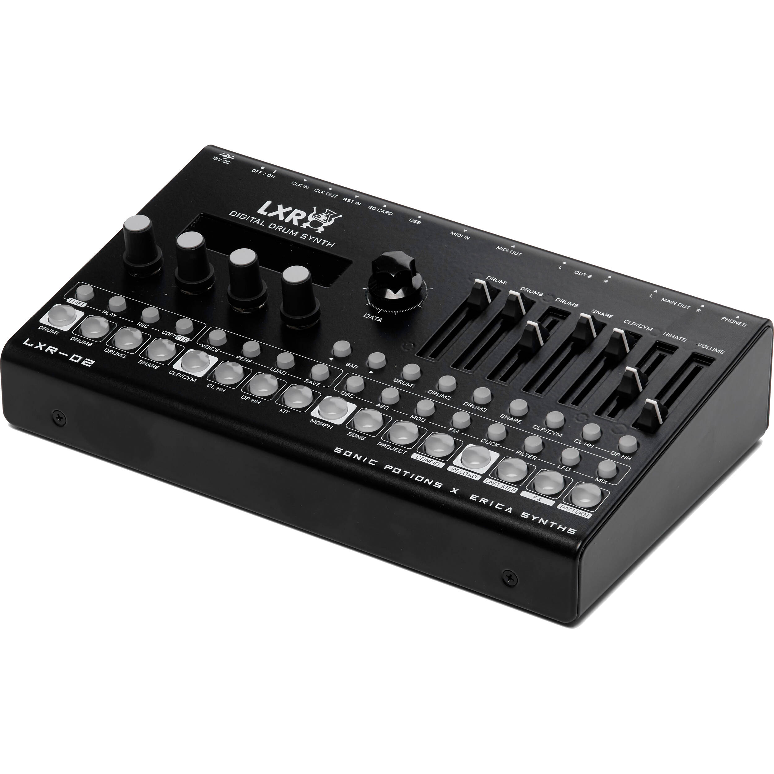 Erica Synths LXR-02 Drum Synthesizer, a compact electronic drum machine with knobs and buttons for sound creation.