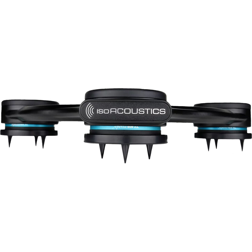 IsoAcoustics Aperta SUB XL speaker stands with sleek black design and adjustable height for optimal audio setup.