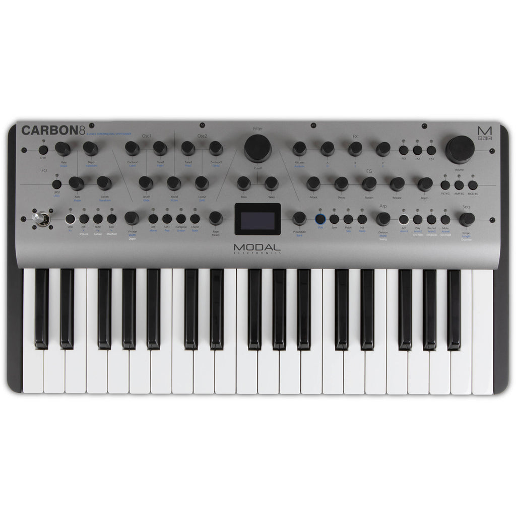 Modal Electronics Carbon8 keyboard synthesizer with black and silver design, featuring control knobs and input/output ports.