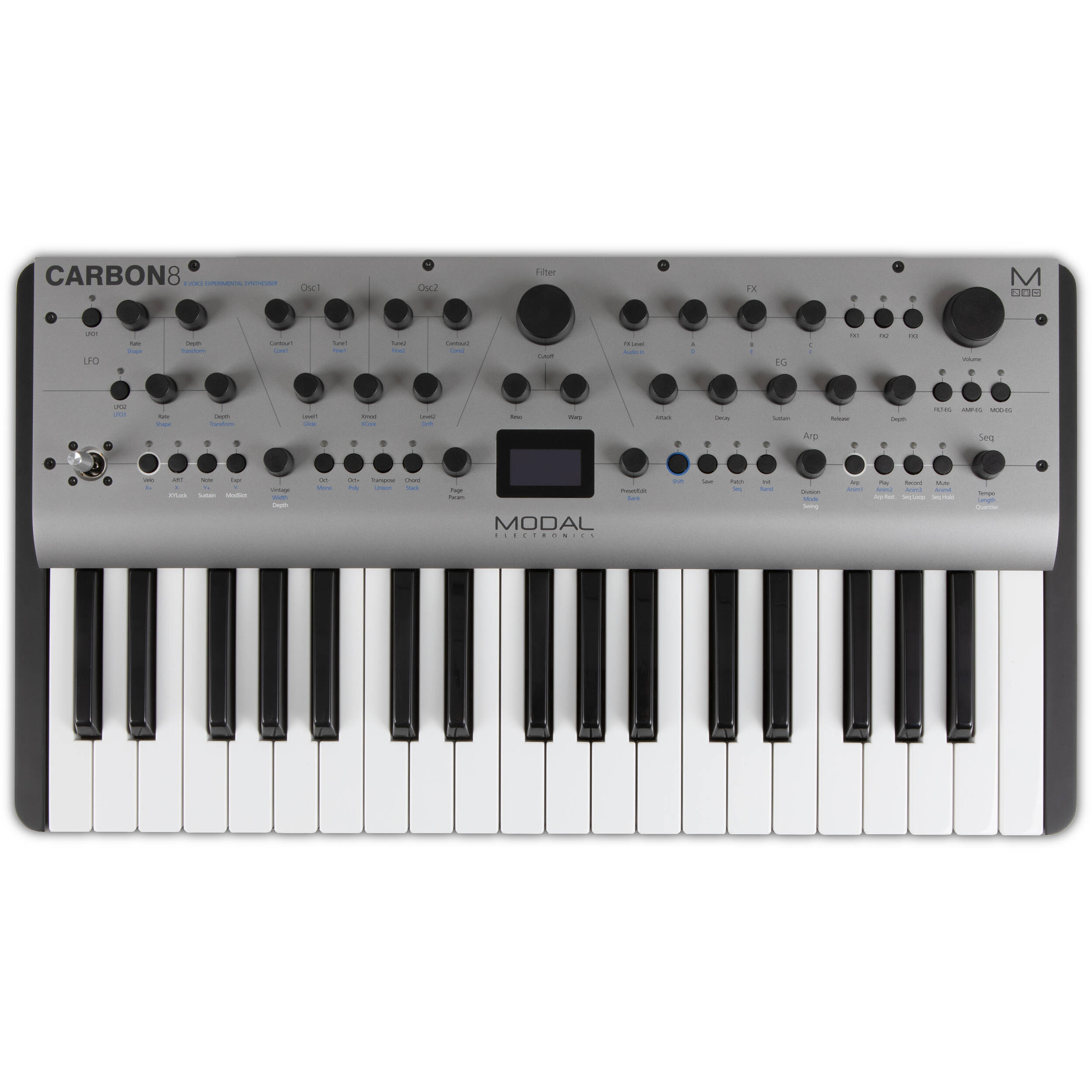 Modal Electronics Carbon8 keyboard synthesizer with black and silver design, featuring control knobs and input/output ports.