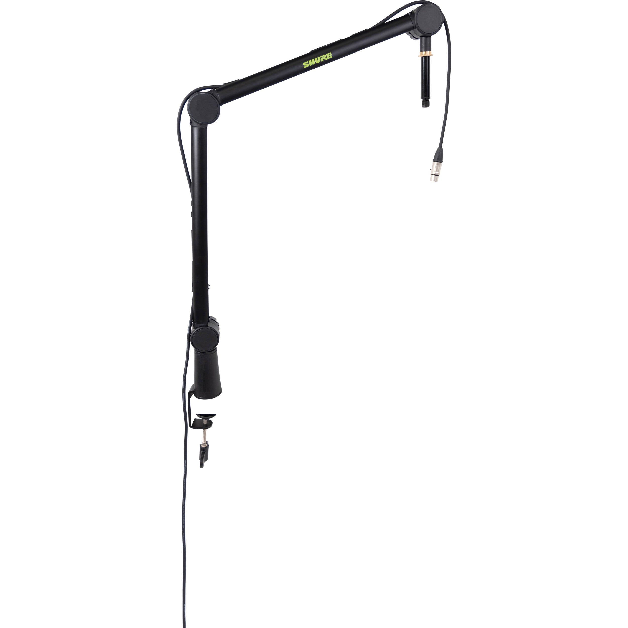 Shure SH-BROADCAST1 broadcast microphone arm mounted on a desk with a professional microphone attached.