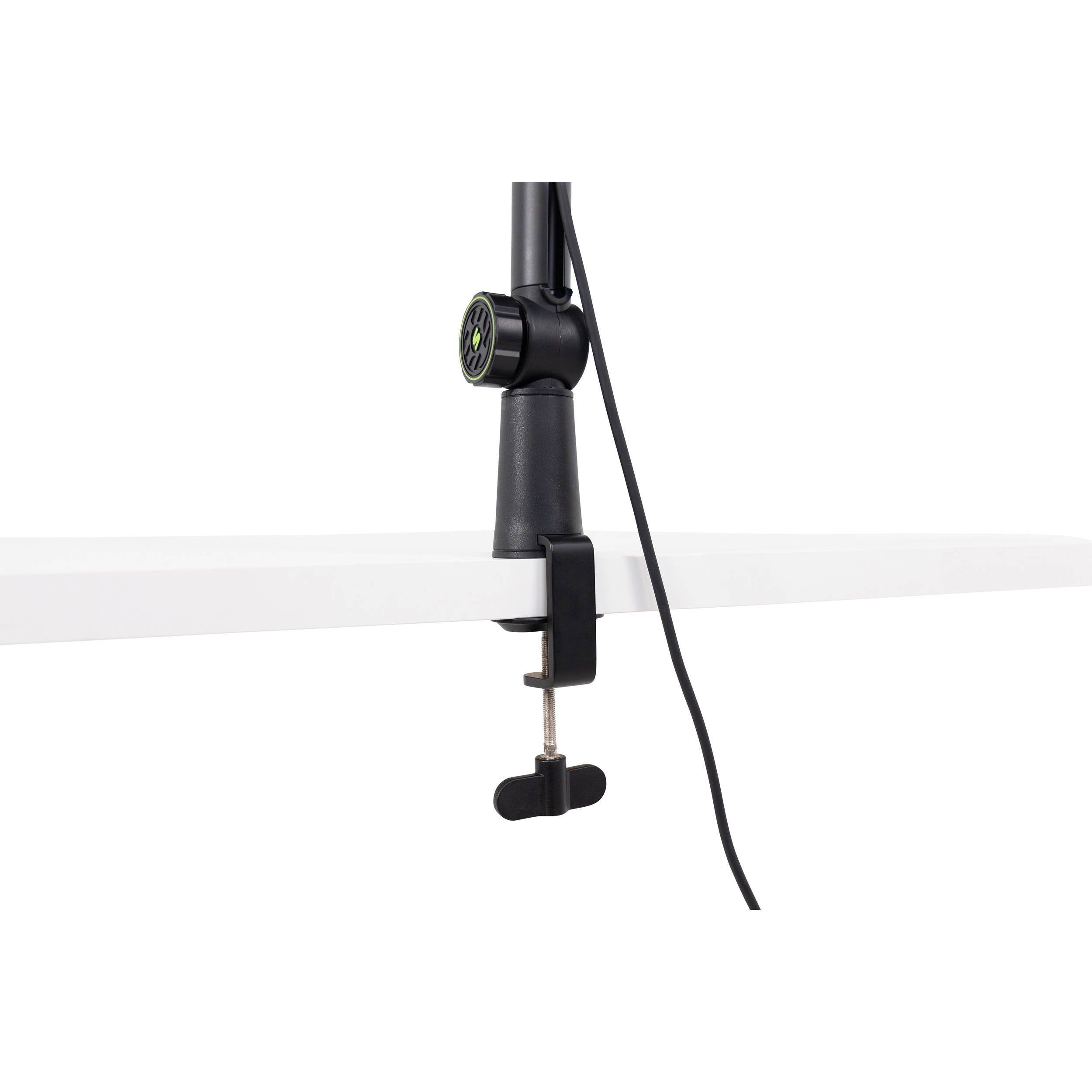 Shure SH-BROADCAST1 broadcast microphone arm mounted on a desk with a microphone attached for professional audio recording.