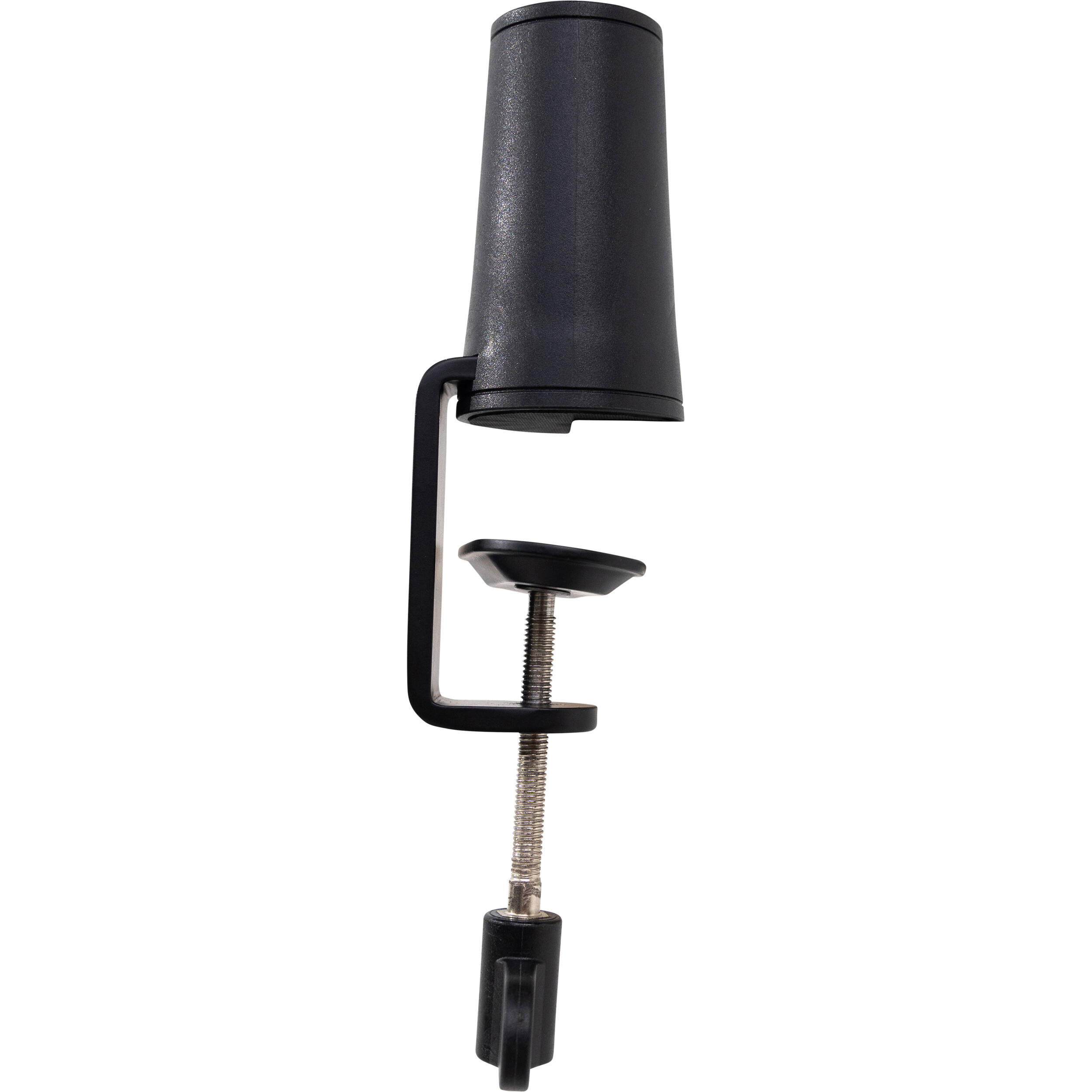 Shure SH-BROADCAST1 broadcast microphone arm mounted on a desk with adjustable arms and professional audio equipment.