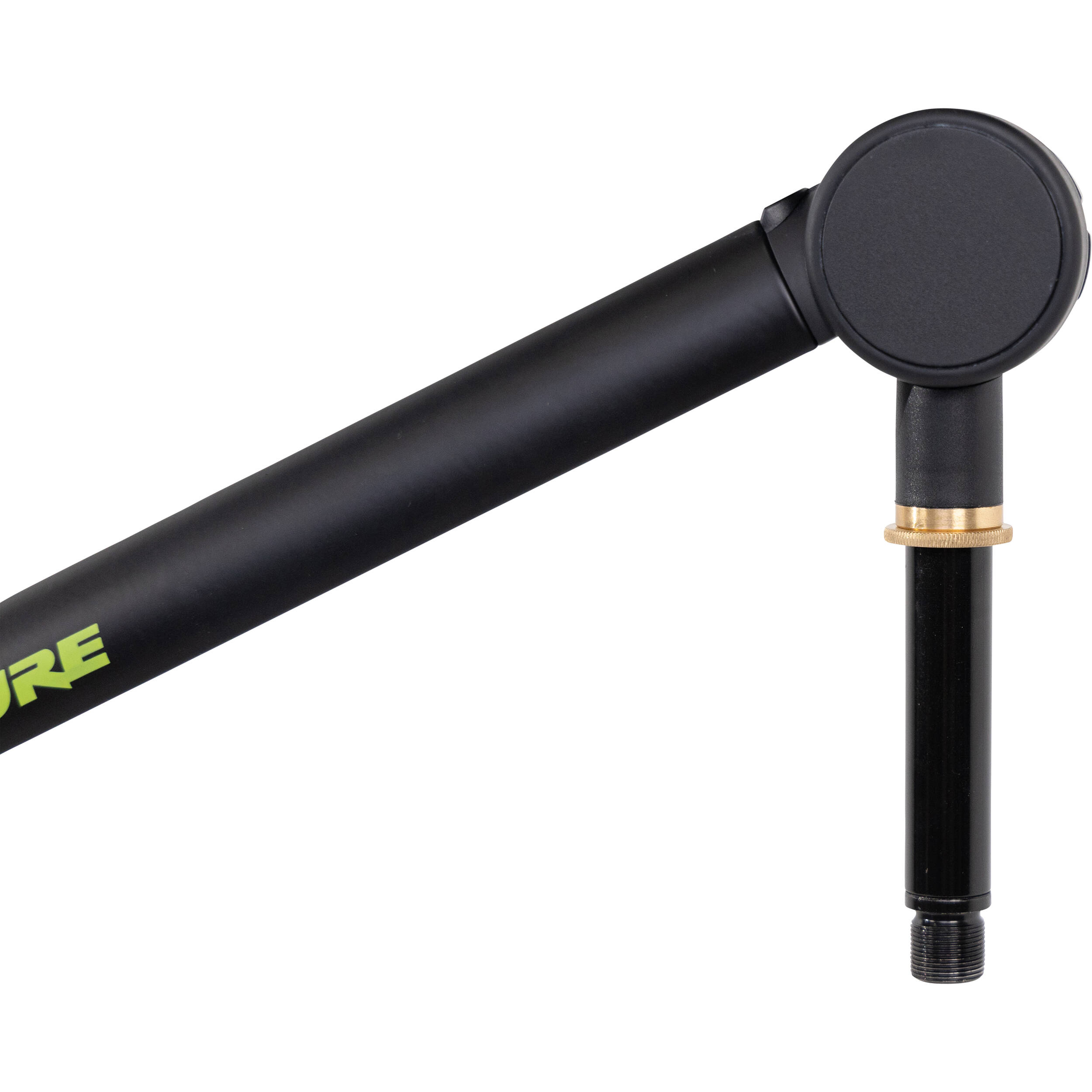 Shure SH-BROADCAST1 broadcast microphone arm mounted on a desk with adjustable arms and cable management for professional audio setups.