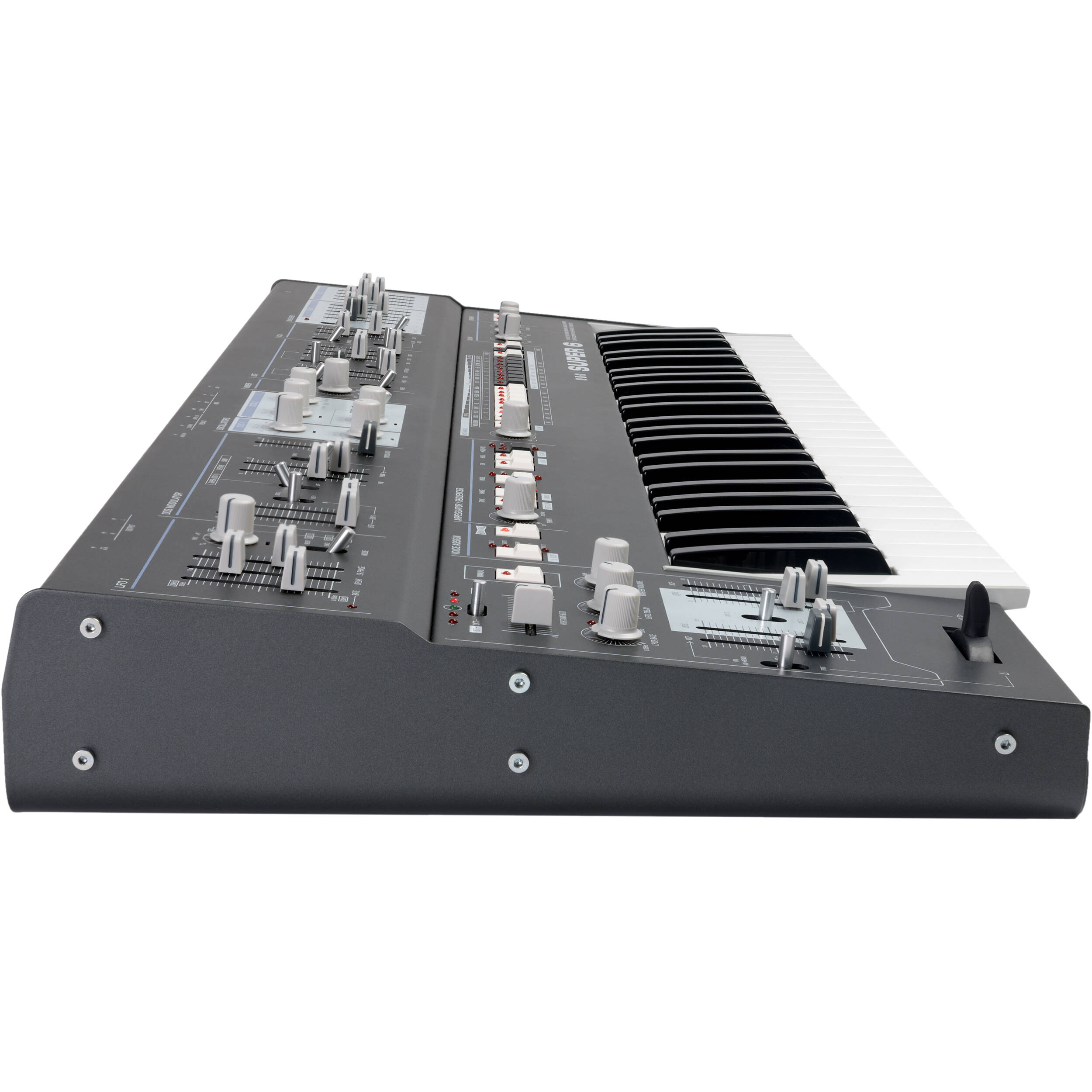 UDO Audio Super 6 synthesizer keyboard with multiple knobs and keys, showcasing its professional design and controls.