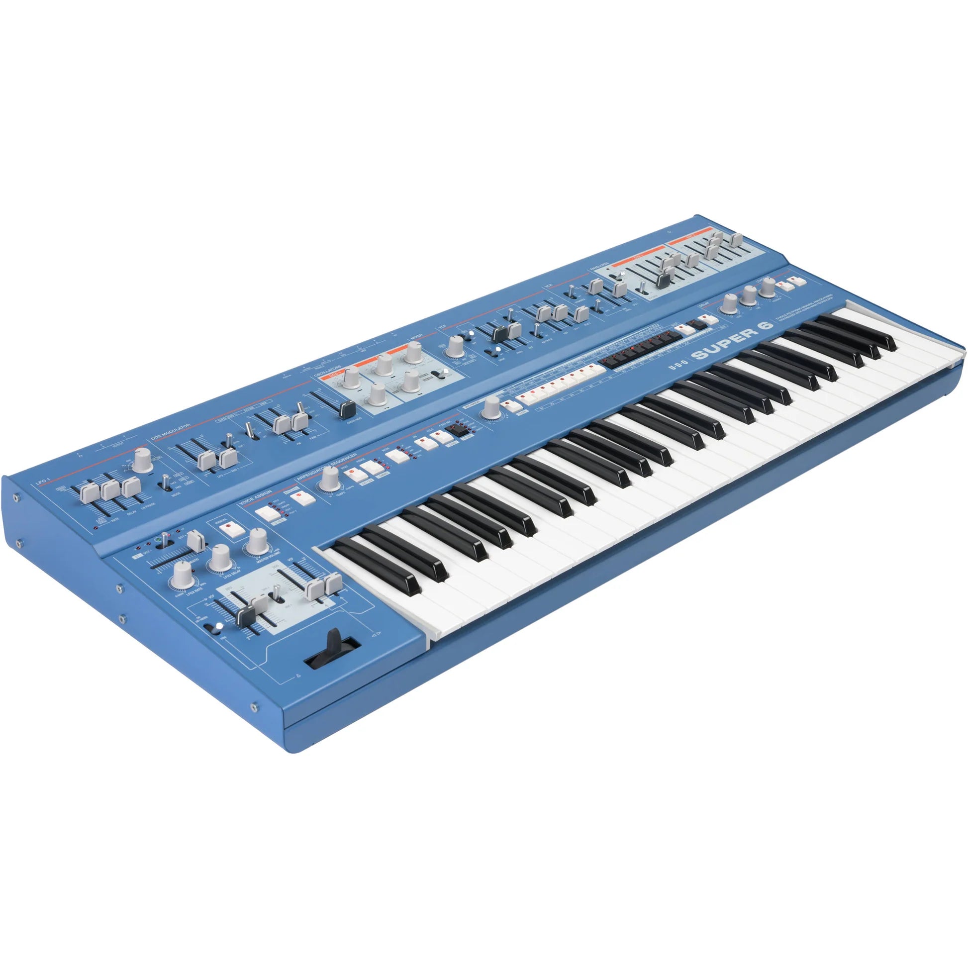 UDO Audio Super 6 synthesizer keyboard with multiple control knobs and keys, showcasing its sleek, modern design.