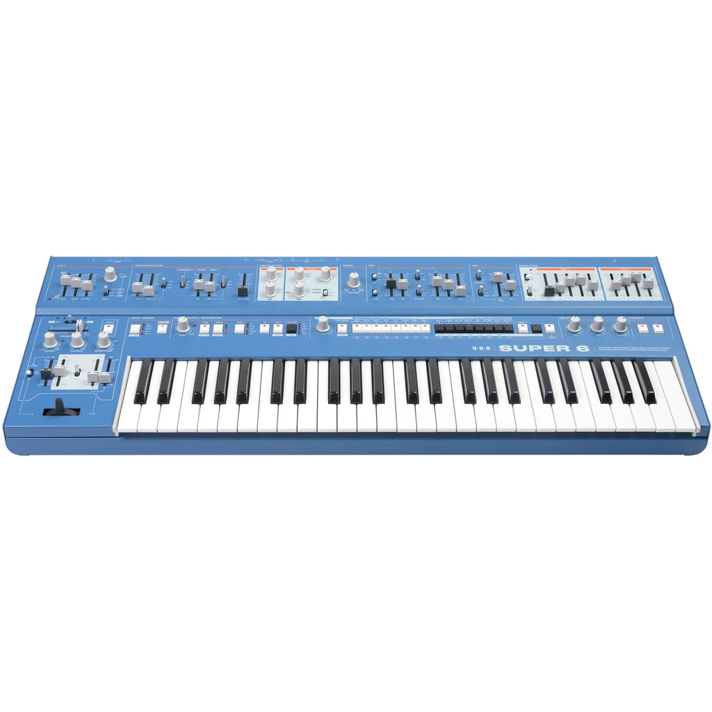 UDO Audio Super 6 keyboard synthesizer with multiple control knobs and a digital display, showcasing its sleek, professional design.