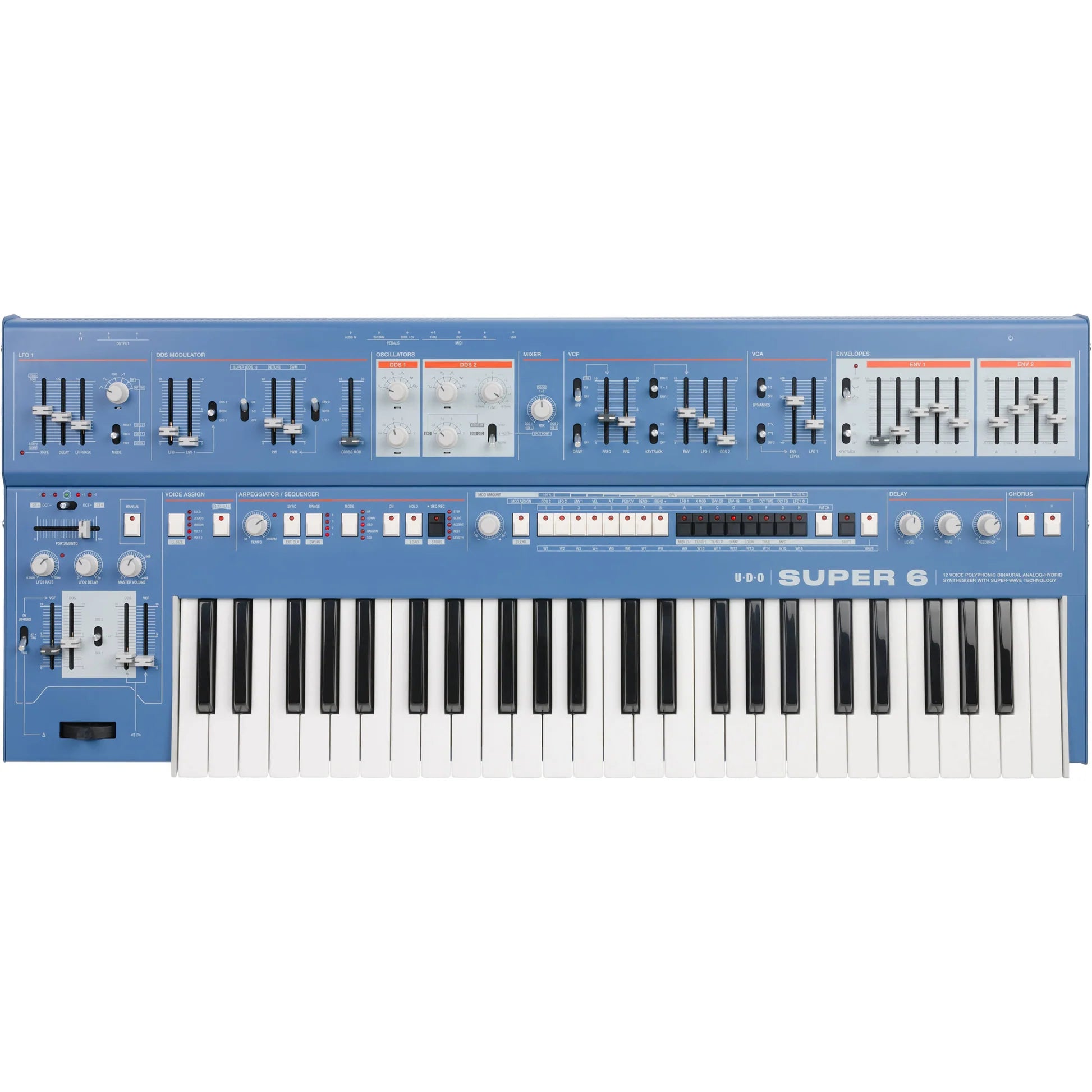 UDO Audio Super 6 synthesizer keyboard with multiple knobs and keys, showcasing its professional interface and modern design.