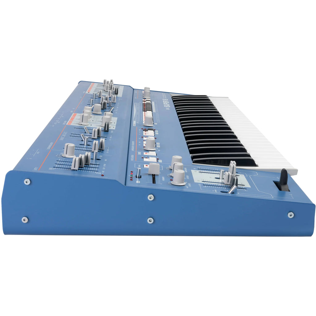 UDO Audio Super 6 synthesizer keyboard with multiple knobs and keys, showcasing its professional design and control interface.
