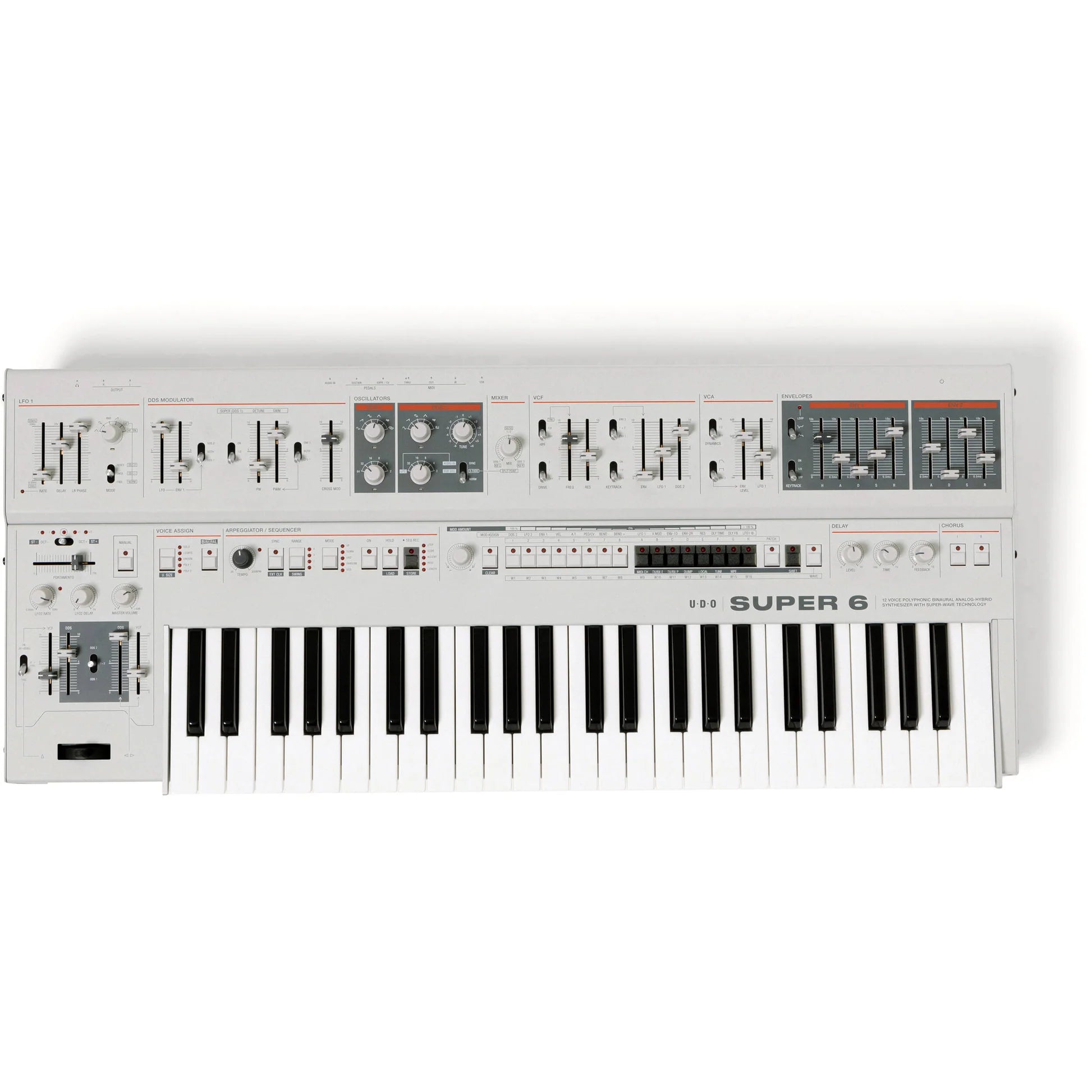 UDU Audio Super 6 synthesizer keyboard with black and silver design, featuring multiple knobs and controls on a sleek surface.