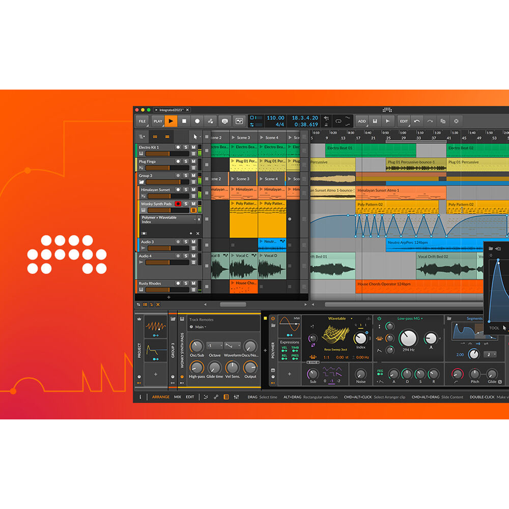 Bitwig Studio 5 music production software interface with digital audio tracks and mixing controls.