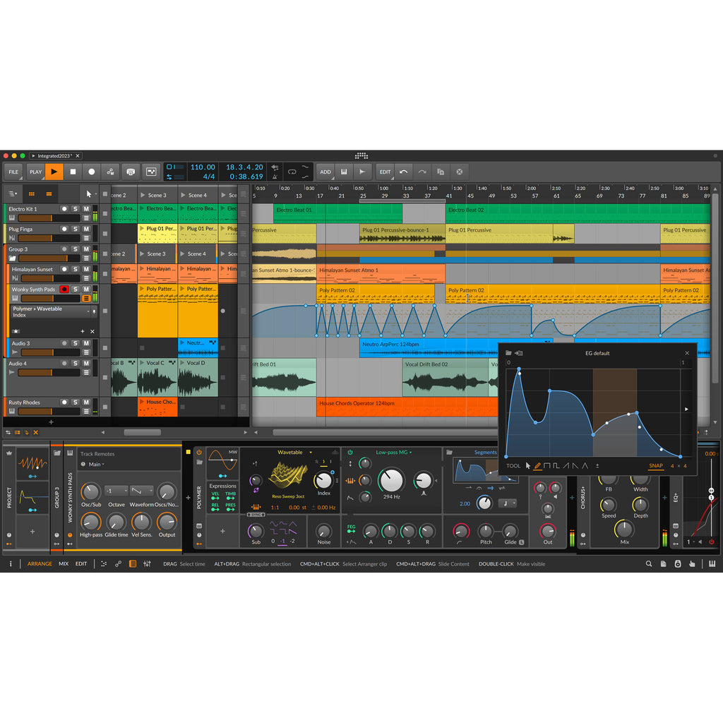Bitwig Studio 5 music production software interface with digital audio workspace and mixing controls.