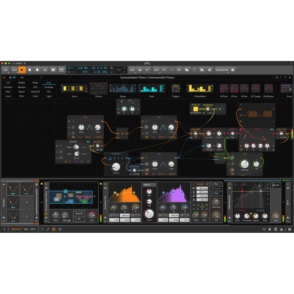 Bitwig Studio 5 music production software interface with digital audio workstation features and colorful waveform displays.