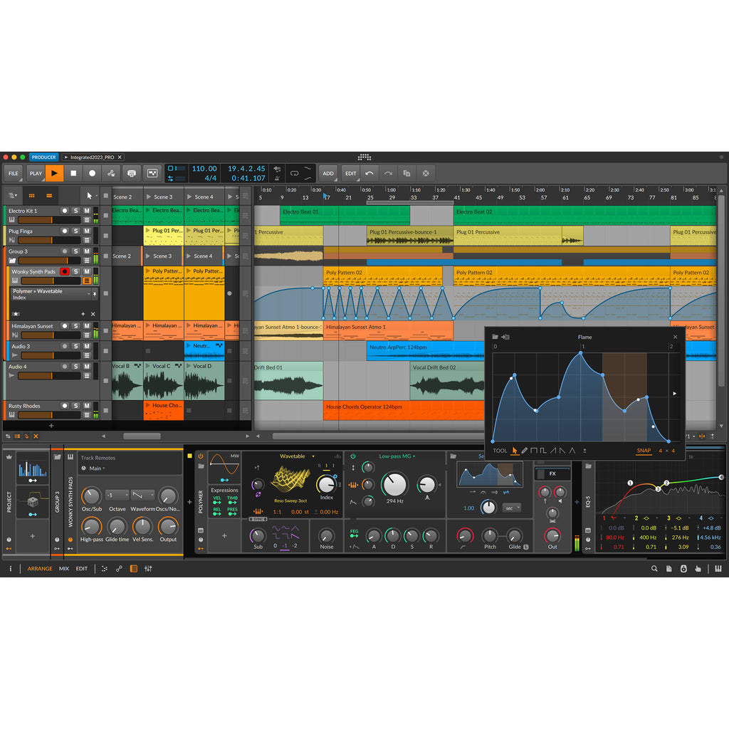 Bitwig Studio Producer 5 music production software interface with digital audio tracks and mixing controls visible.