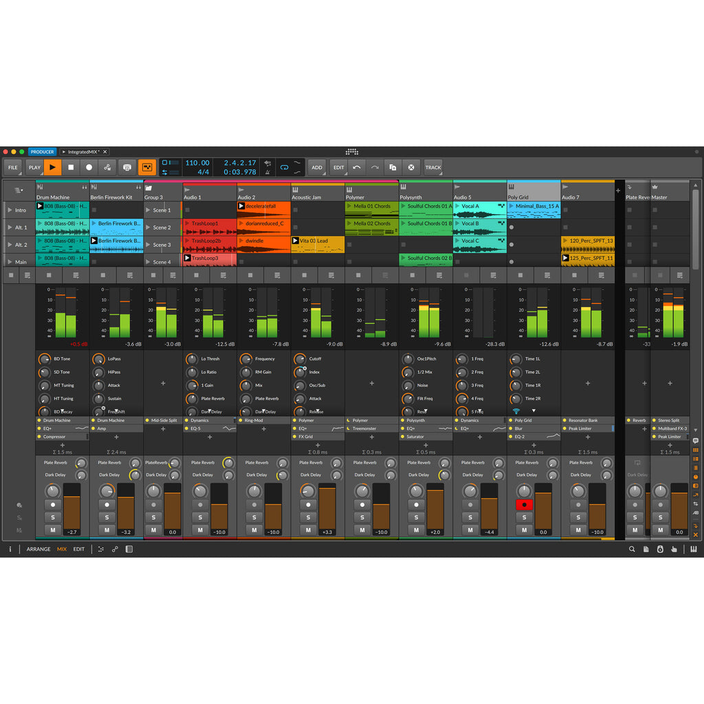 Bitwig Studio Producer 5 music production software interface with digital audio tracks and mixing controls.