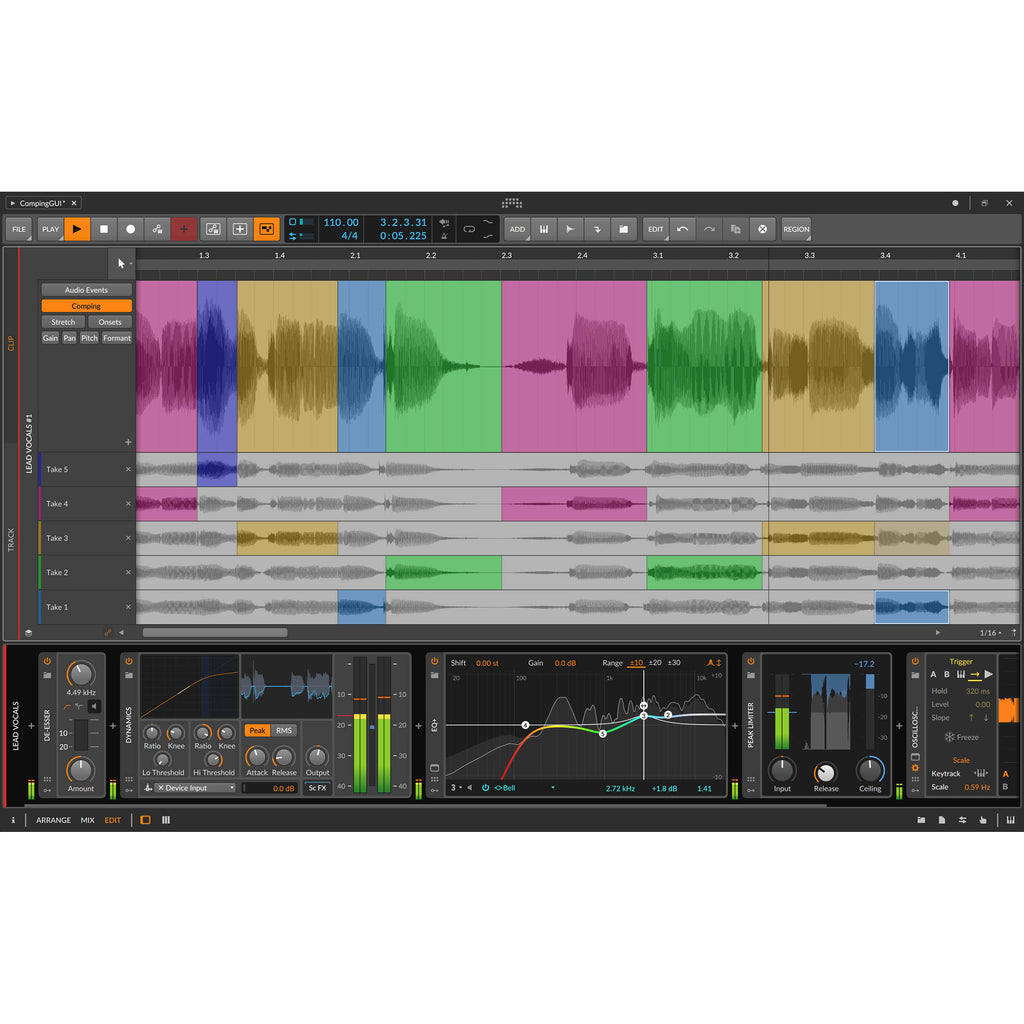 Bitwig Studio 5 music production software interface with digital audio workstation features and colorful track layouts.