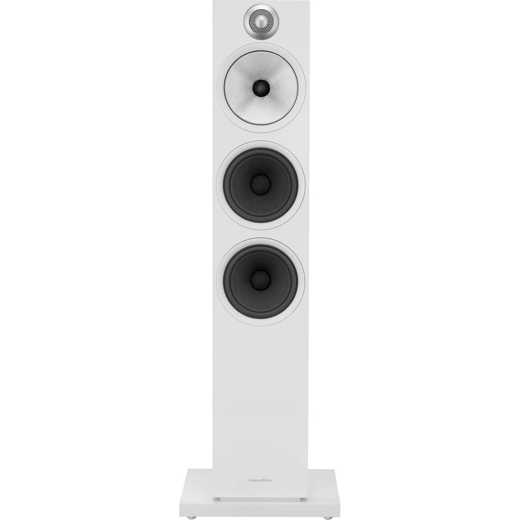Bowers & Wilkins 603 S3 passive floorstanding speakers showing sleek black cabinets and detailed speaker drivers.