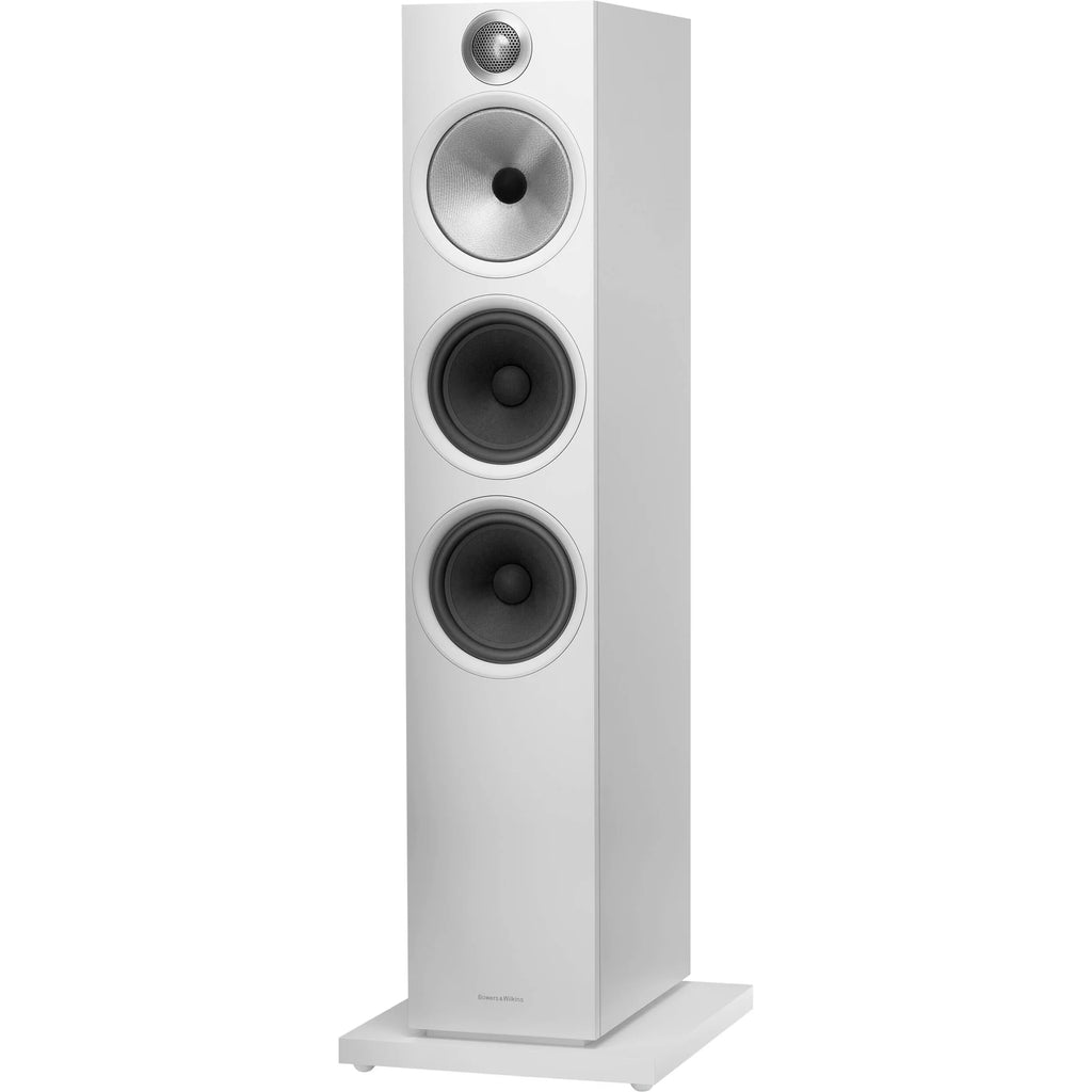 Bowers & Wilkins 603 S3 passive floorstanding speakers with sleek black cabinets and detailed speaker drivers.