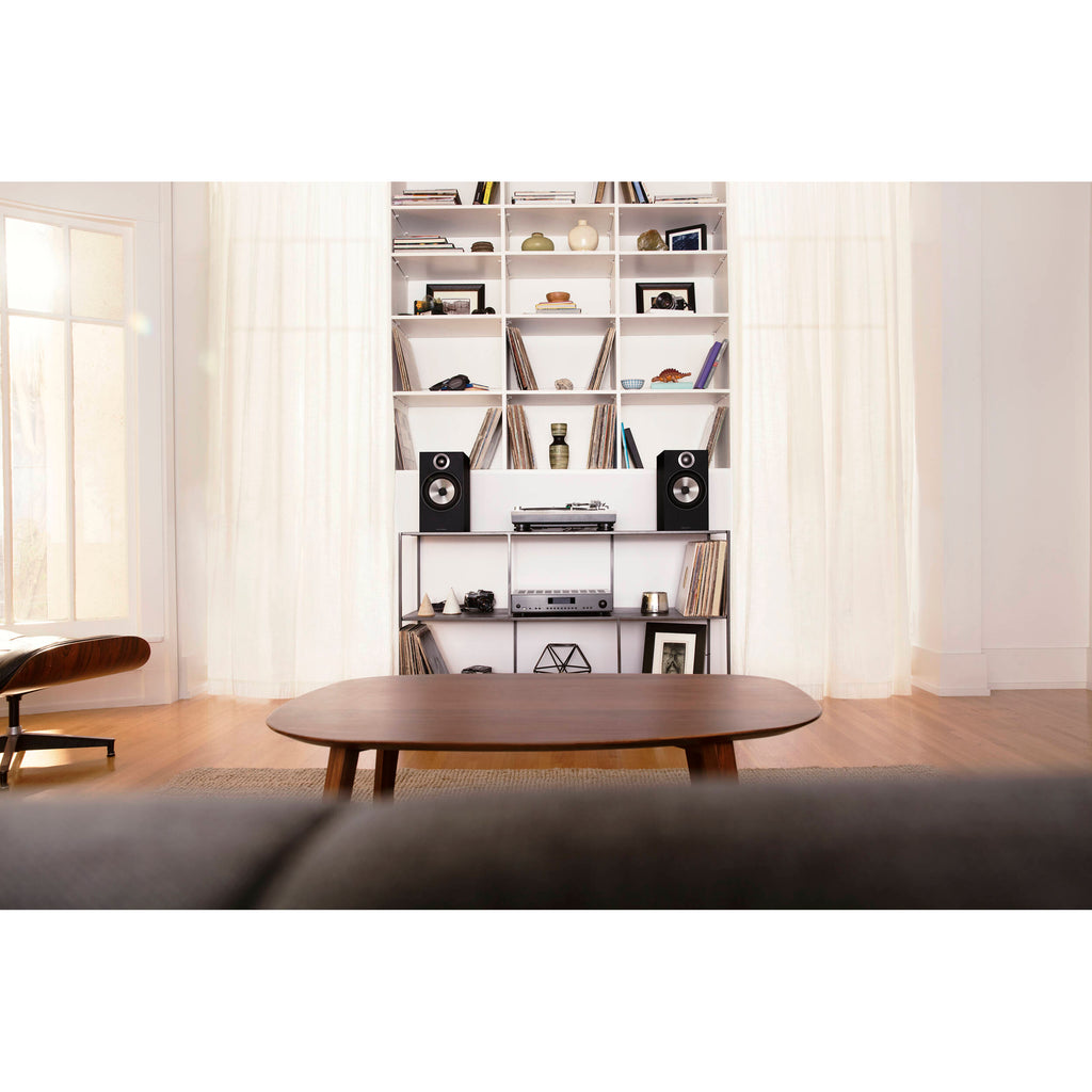 Bowers & Wilkins 606 S3 passive bookshelf speakers with black finish and sleek design, shown from the front.