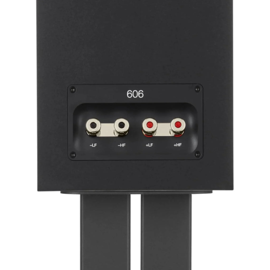 Bowers & Wilkins 606 S3 passive bookshelf speakers with black finish, showcasing their sleek design and front grille.