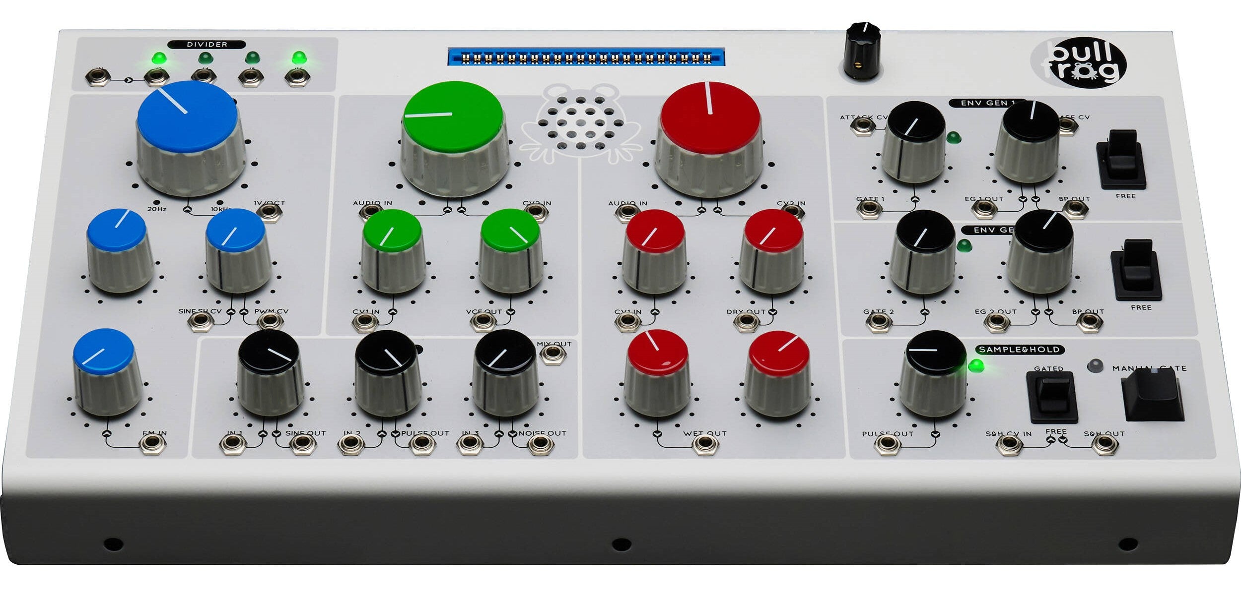 Erica Synths Bullfrog desktop synthesizer with knobs and patch points, featuring a compact black metal case and colorful control interface.