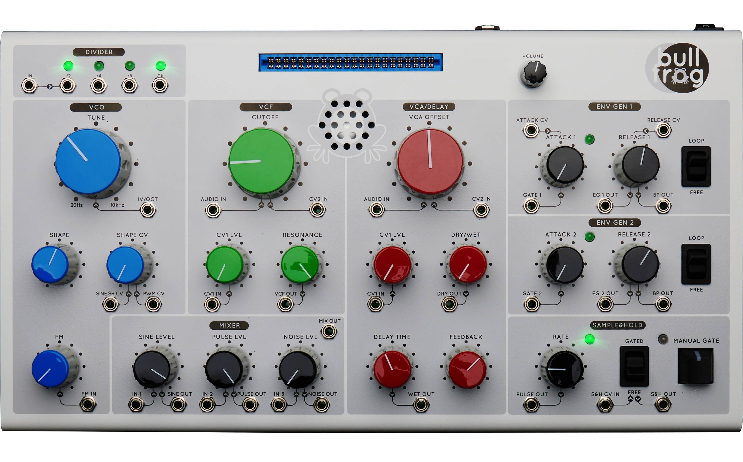 Erica Synths Bullfrog desktop synthesizer with multiple knobs and patch points, featuring a compact, professional audio interface.