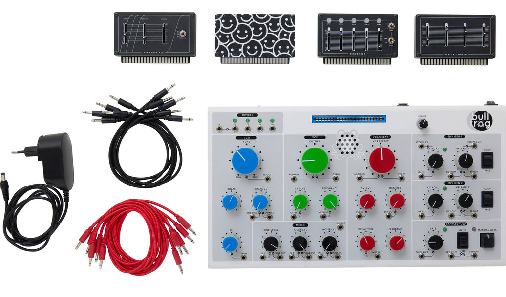 Erica Synths Bullfrog desktop synthesizer with knobs, patch points, and a compact black metal case.