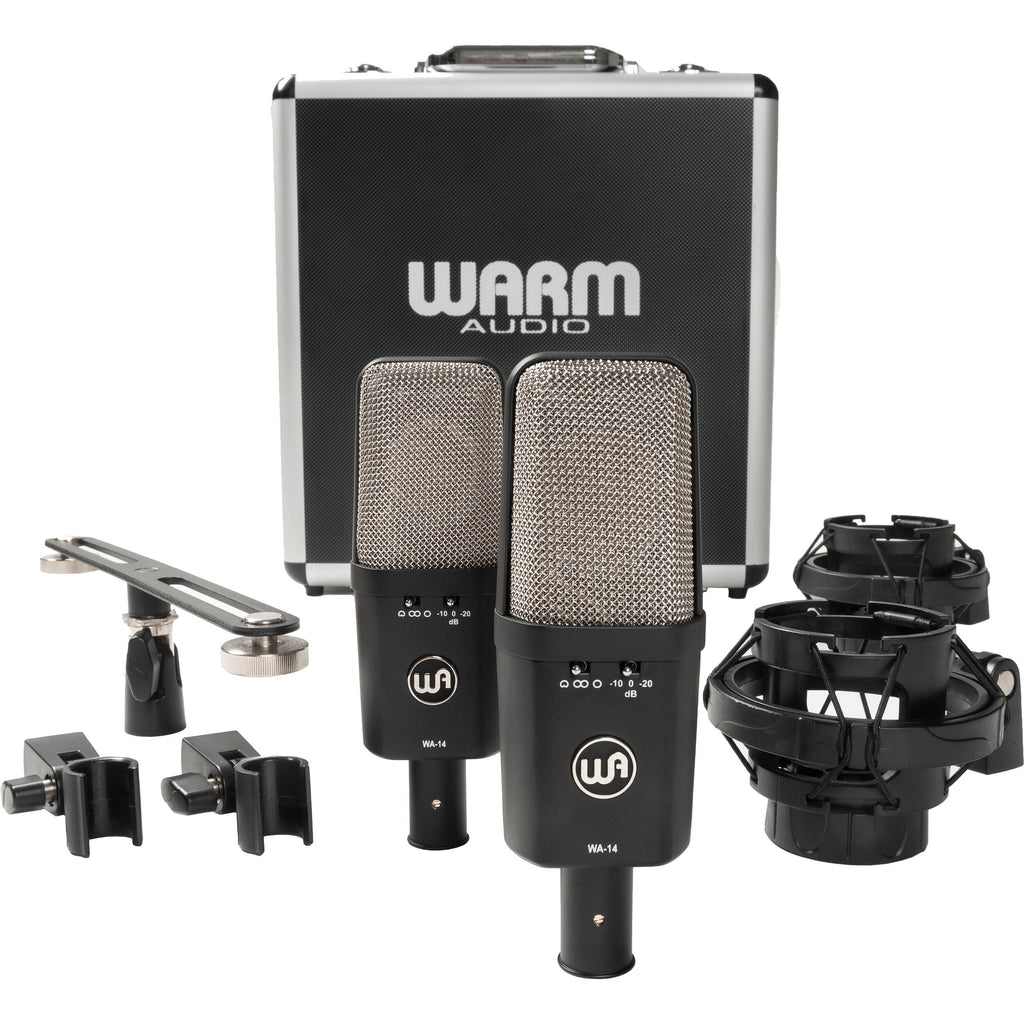 Warm Audio WA-14SP condenser microphone with metal grille and control switch, shown on a stand against a neutral background.