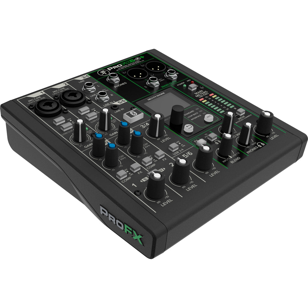 Mackie ProFX6v3+ analog mixer with multiple channels, knobs, and input jacks, featuring a professional audio mixing interface.
