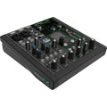 Mackie ProFX6v3+ analog mixer with multiple channels, knobs, and input jacks, featuring a professional audio mixing interface.