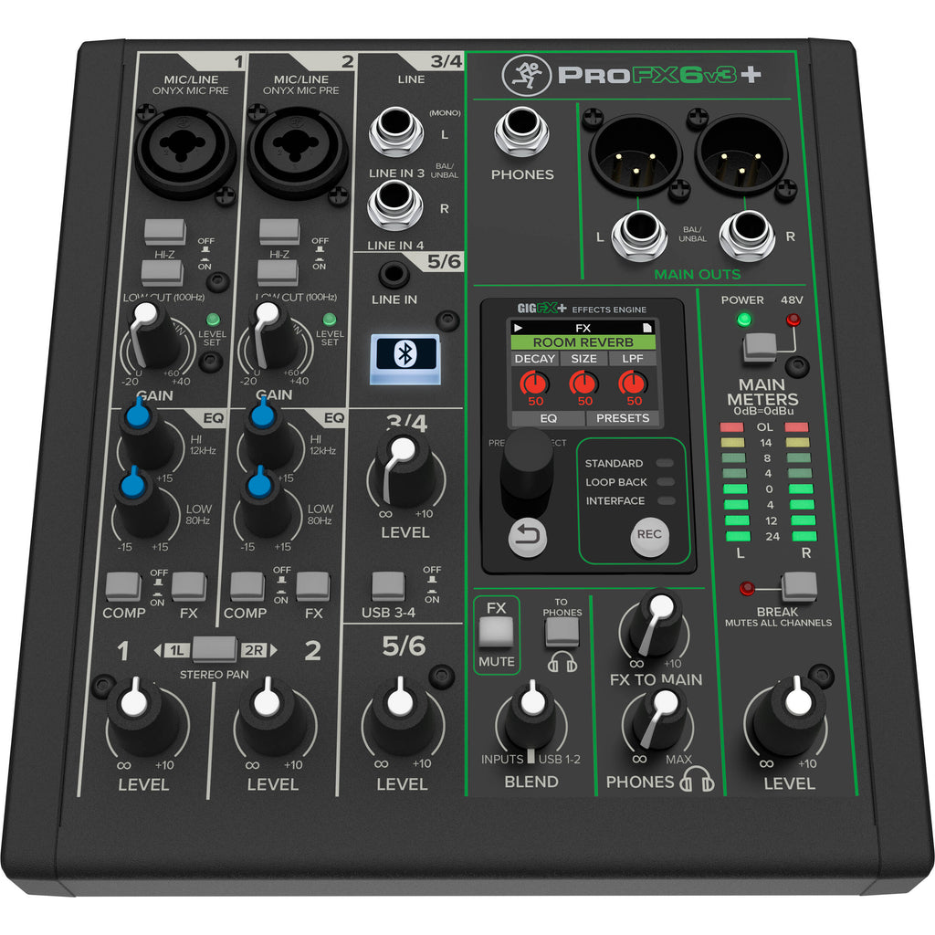 Mackie ProFX6v3+ analog mixer with multiple input channels, knobs, and sliders for sound control and audio mixing.
