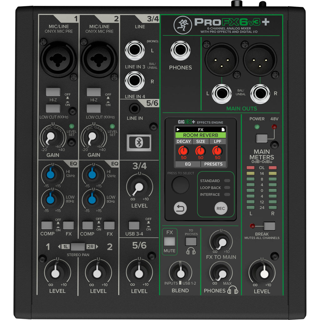 Mackie ProFX6v3+ analog mixer with multiple input channels, knobs, and faders for audio mixing and sound control.