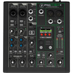 Mackie ProFX6v3+ analog mixer with multiple input channels, knobs, and faders for audio mixing and sound control.