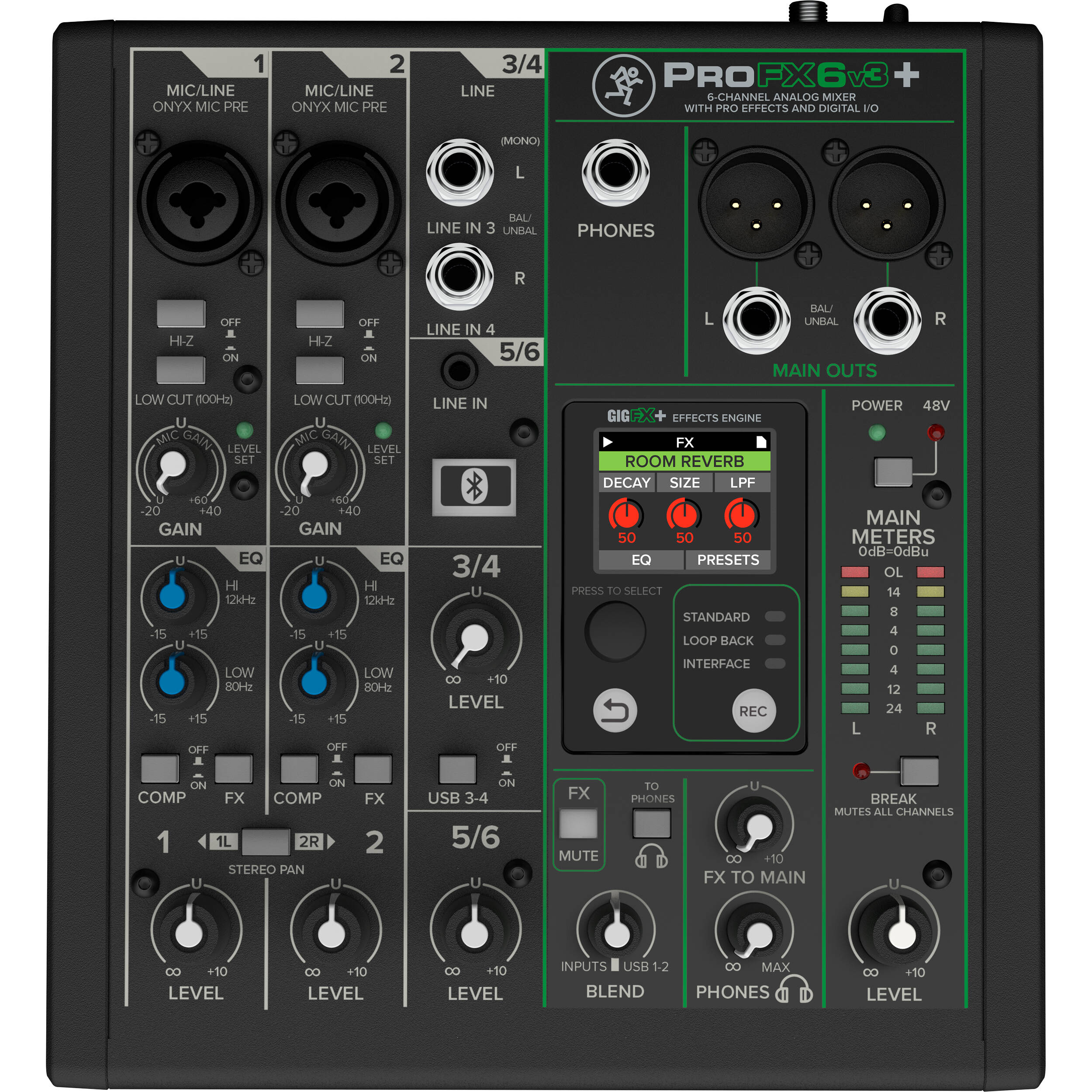 Mackie ProFX6v3+ analog mixer with multiple input channels, knobs, and faders for audio mixing and sound control.